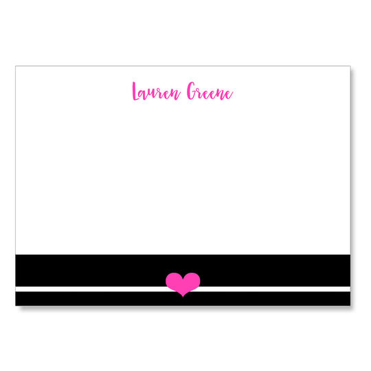 Black Stripe with Pink Heart Flat Note Cards